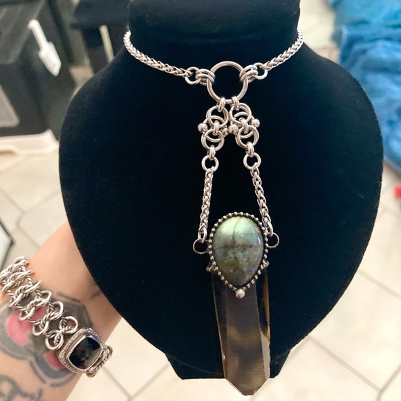 labradorite & Smokey crystal quartz maille stainless steel boho goth necklace - Picture 10 of 15